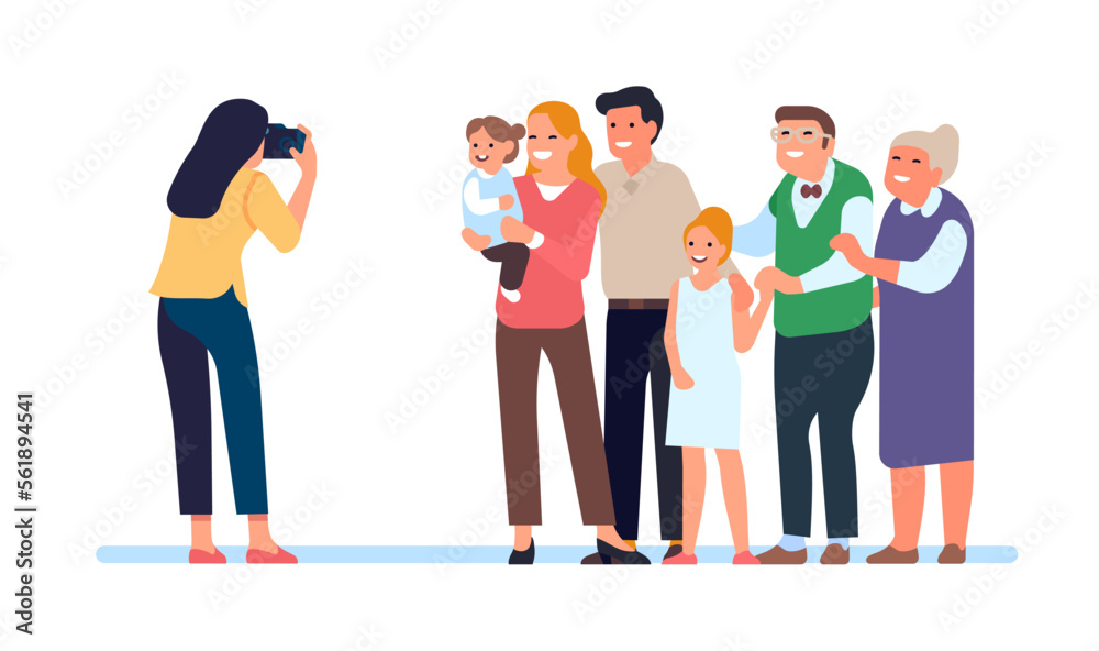 Fototapeta premium Family poses for group photo. Parents and children portrait. People standing together. Mother and father with kids and grandmother. Photographer with camera doing snapshots. Vector concept