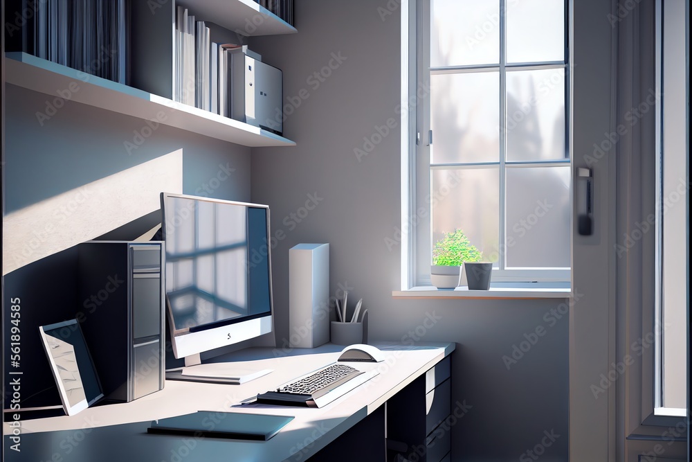 Fototapeta premium A 3D rendering of a light office interior with a PC computer. Generative AI