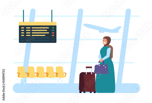 Muslim Arab woman stands at airport with luggage. Travel by airplane. Female in traditional Islam clothing. Plane transportation. Arabian in hijab waiting plane boarding. Vector concept