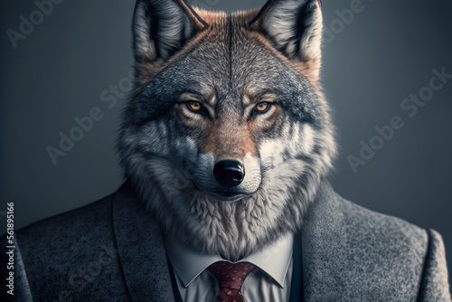 A wolf wearing a grey suit with a serious expression  studio portrait  Generative AI