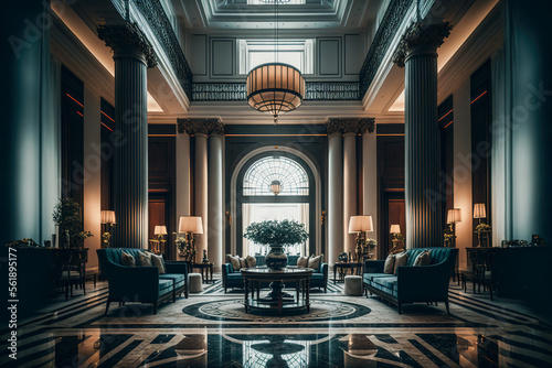 A large luxury hotel lobby with pillars and furniture, Generative AI photo
