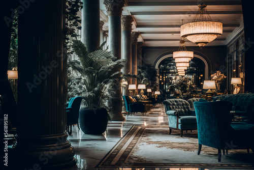 A luxury hotel lobby with furniture  large pillars and green plants  Generative AI
