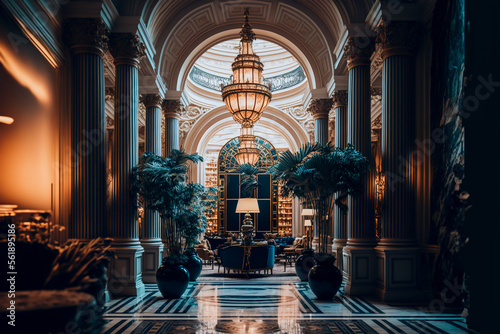 A luxury hotel lobby with pillars and green plants  Generative AI
