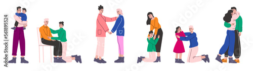 Soothing kids support. Parents hug and comfort upset children. Boys or girls in arms with moms and dads. Moral assistance. Family psychological help. Sympathetic friends. Vector people set