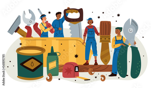 Tiny mechanics. Happy workers team with professional repair tools. Pliers and saw. Wire cutters and fleitz. Workman toolbox. Builders in overalls. Carpentry work. Garish vector concept