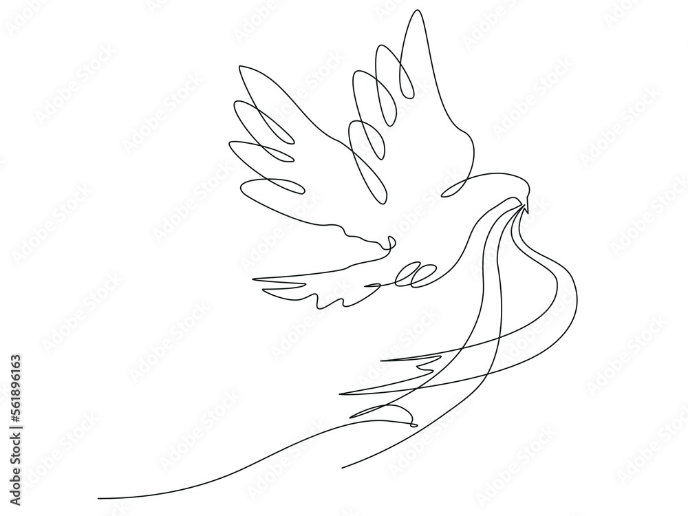 Conceptual image flying dove with ribbon in its beak. Continuous one line minimalistic art technique Conceptual image flying dove with ribbon in its beak. Continuous one line minimalistic art technique