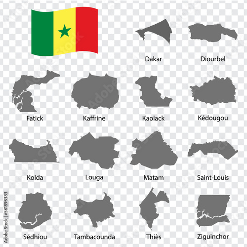Fourteen Maps  of Senegal - alphabetical order with name. Every single map of Provinces are listed and isolated with wordings and titles.  Republic of Senegal. EPS 10.