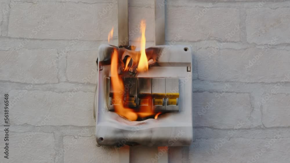 Vidéo Stock Circuit breaker fire in switch box indoors. Fault contact