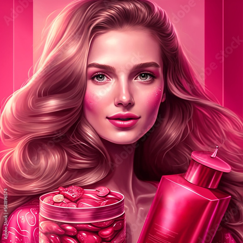 Glamor style girl with cosmetic set Gift happy valentines day Beauty Cosmetic No brands Space for text Pink background