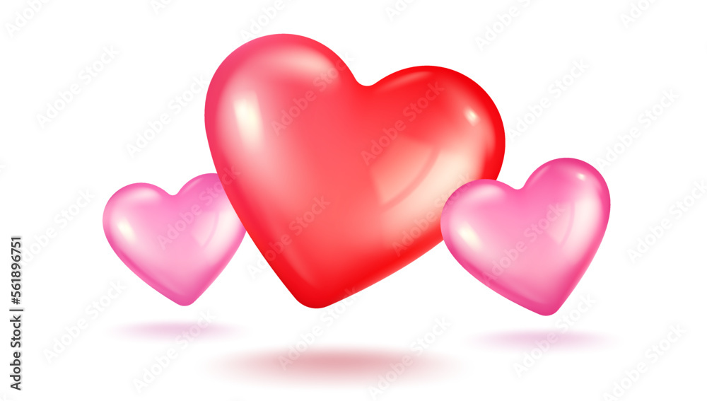 Vector icon of three pink hearts for Valentine's Day in realistic 3d style. Vector realistic banner with heart on white background.