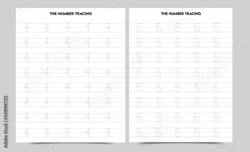 Writing practice numbers 4 and 5 printable, kindergarten kids to improve basic writing skills