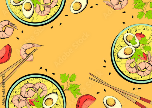 Poster with Asian noodles and ingredients for it on an orange background