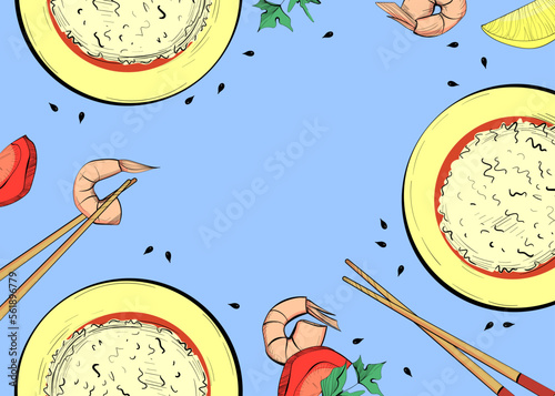 A poster with cooked rice and its ingredients on a blue background