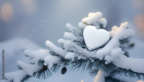 A frozen heart on a branch of a fir. Generative Ai.