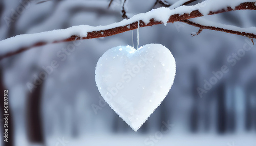 A frozen heart hanging on a branch of a fir. Generative Ai.