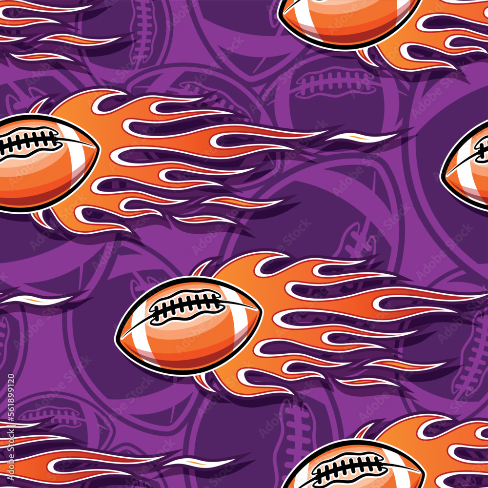 Obraz premium Rugby balls and tribal fire flame seamless pattern vector art image. Flaming American football balls continuous background wallpaper texture.