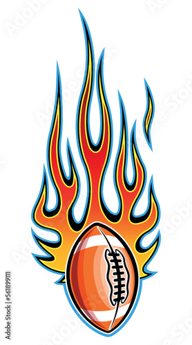 American football ball in burning fire flame rugby ball vector image car sticker motorcycle decal and sport logo template.