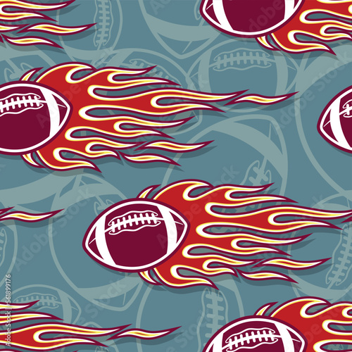 American football balls and tribal fire flames Seamless pattern vector art image. Burning rugby balls repeating tile background wallpaper texture.