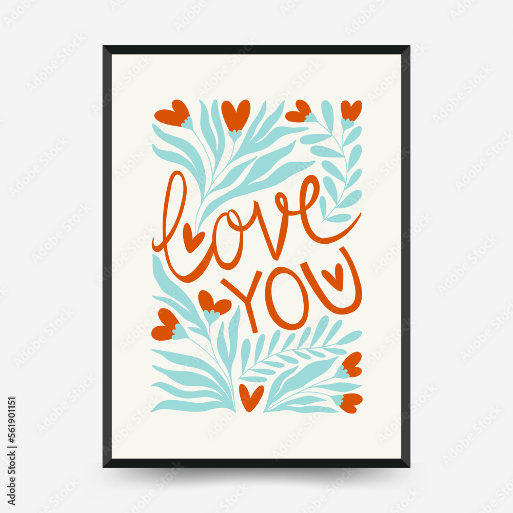 Modern Valentine's day vertical flyer or poster template. Love hand drawn trendy illustration.