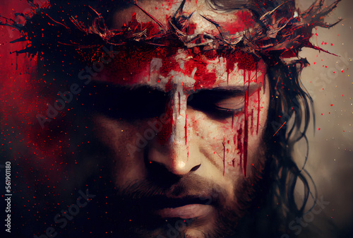 Fotografia Face of Jesus Crist in crown of thorns, Christian Easter concept, AI illustratio