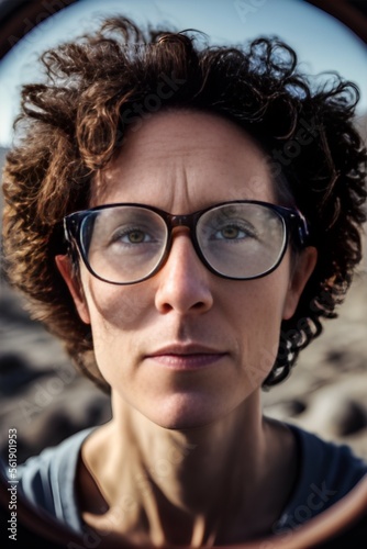 Active brunette in her 30s outdoor close-up portrait  short curly hair and glasses  beautiful brown eyes  healthy lifestyle  focus on true inner nature  peaceful  ageing well  made with AI Generative