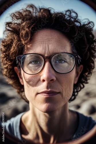 Active brunette in her 40s outdoor close-up portrait  short curly hair and glasses  beautiful brown eyes  healthy lifestyle  focus on true inner nature  peaceful  ageing well  made with AI Generative