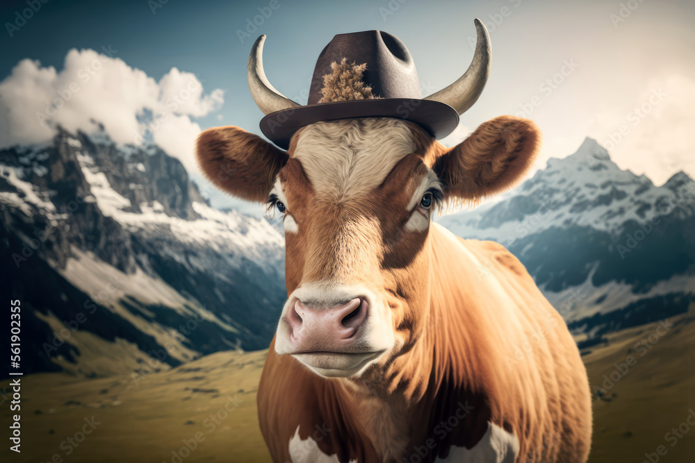 Lustige Kuh mit Hut in den Bergen - Generative AI - obrazy, fototapety, plakaty 
