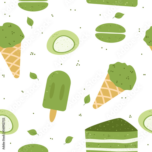 Matcha desserts seamless pattern. Green tea icecream, mochi, macaroon. Food ornament. Stock vector illustration.  