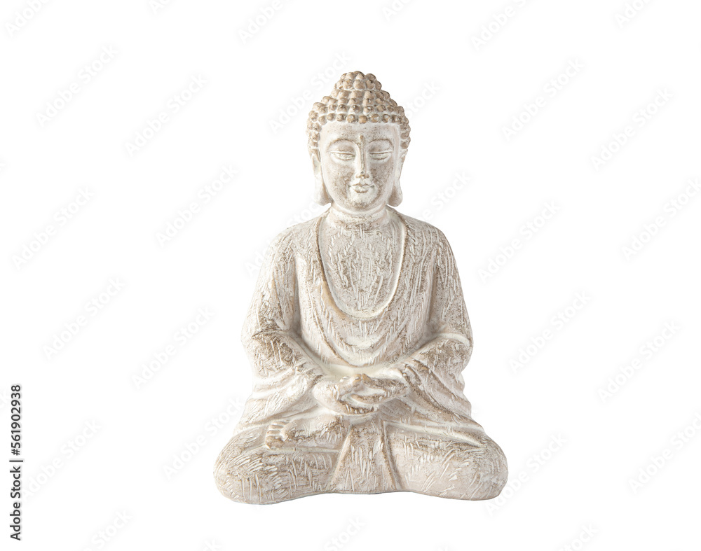 Close up view of white color sitting meditating Buddha figurine hands doing meditation Dhyana mudra gesture also known as Samadhi mudra. - obrazy, fototapety, plakaty 