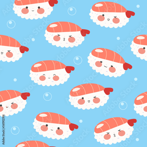 Cute endless pattern with sushi, rolls and gunkans. Kawaii seamless ornament with traditional Japanese food. Asian cuisine. Stock vector illustration.