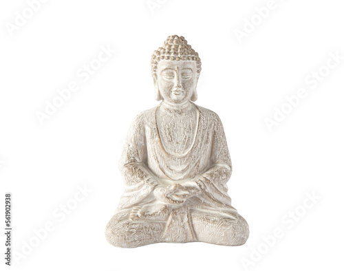 Close up view of white color sitting meditating Buddha figurine hands doing meditation Dhyana mudra gesture also known as Samadhi mudra.