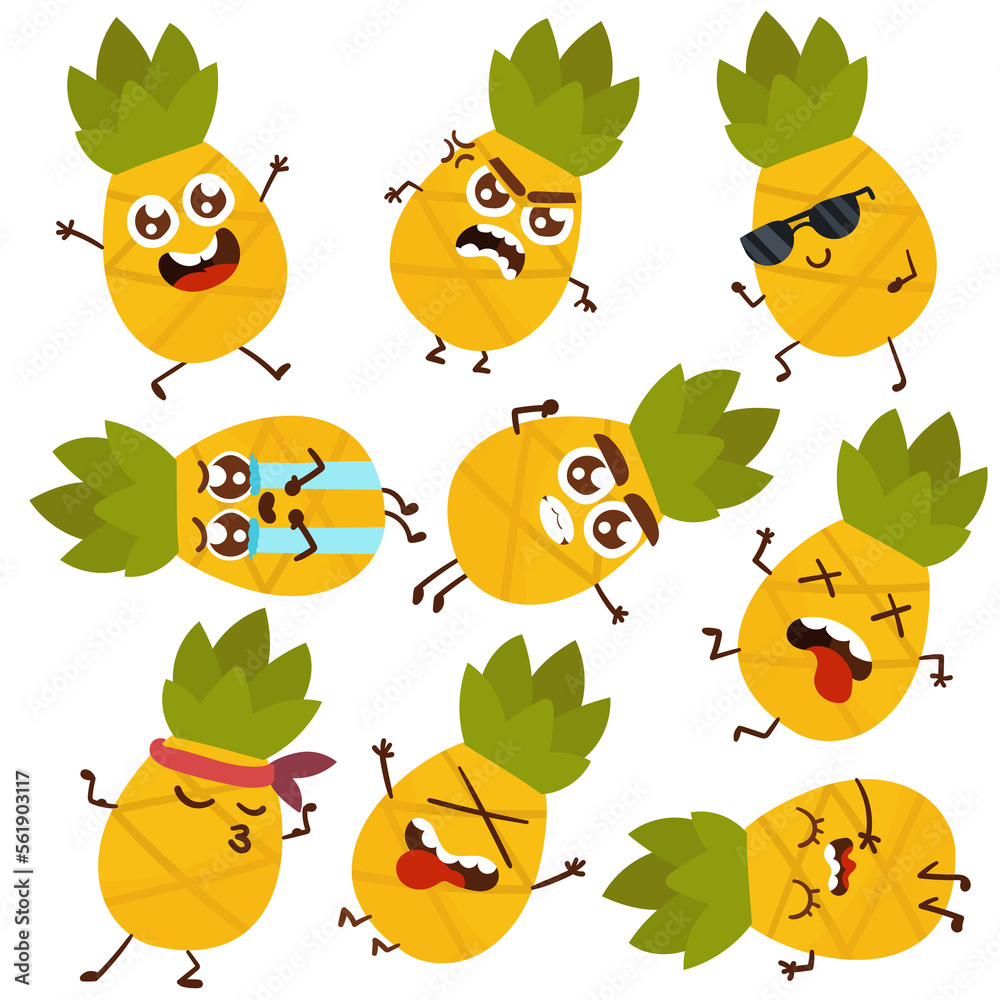Naklejka premium Cute Cartoon Emotional Pineapple character stickers on white background 