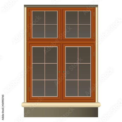 Vintage brown Window in realistic style. Wood Frame and Jalousie. Colorful vector illustration isolated on white background.