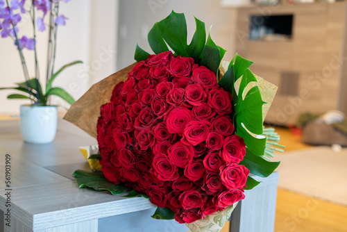 concept of love and romance. a large bouquet of red roses