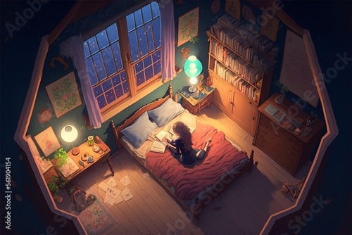 Anime cute girl studying in her room, chill, cozy vibes photo