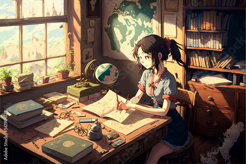 Anime cute girl studying in her room, chill, cozy vibes