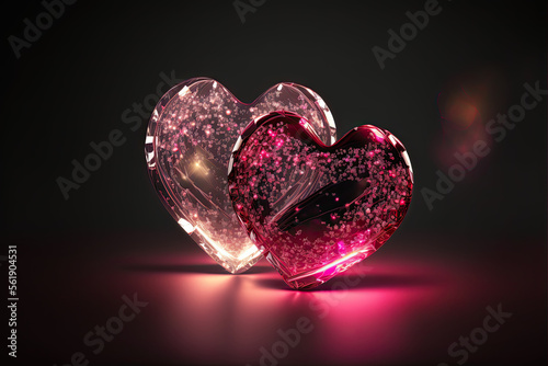 two pink glass hearts. Generative AI picture.