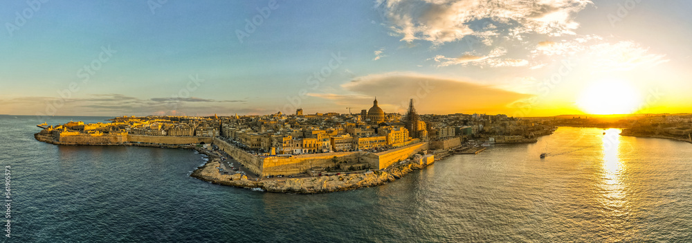 Valletta, Malta aerial panoramic view of old town at sunset