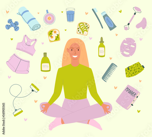 Illustration of a smiling woman sitting in the lotus position. A set of elements of the morning routine. The concept of self-care, good morning and a good start to the day.