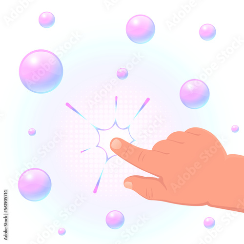 Children's hand bursts soap bubbles with a finger. Vector, illustration