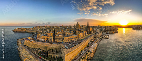 Valletta, Malta aerial panoramic view of old town at sunset
