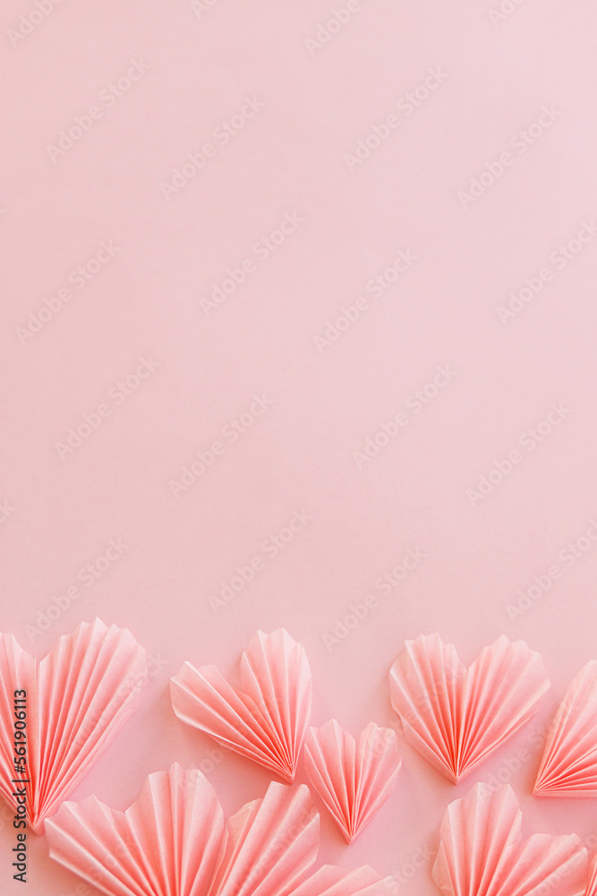 Лепенка Happy Valentine's day! Stylish pink hearts flat lay on pink paper background