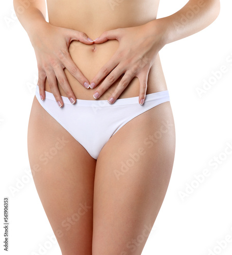 Female body belly, slim young woman in underwear with hands on belly forming a heart symbol, isolated on transparent background, concept of body care, healthy diet, Intimate hygiene and menstrual pain