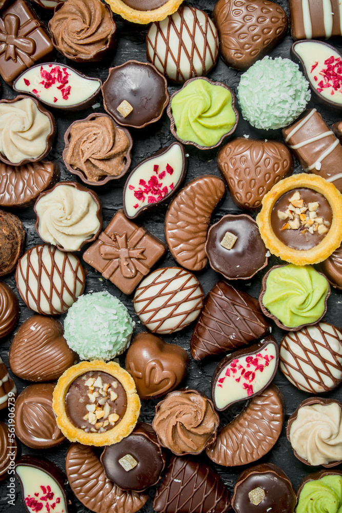Chocolates candies with different fillings. Chocolates candies with different fillings.