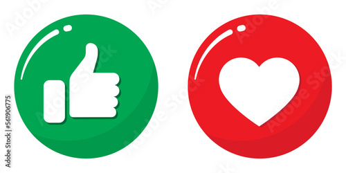 Like hand. Red heart. Shiny heart. Love. Ok, Social media like. green and red. vector