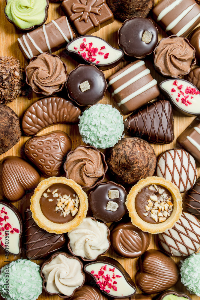 Chocolates candies with different fillings. Chocolates candies with different fillings.
