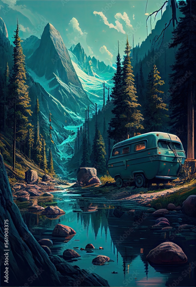 rocky mountains in blue and road with a RV van, camper. Vanlife. Ai Generative rocky mountains in blue and road with a RV van, camper. Vanlife. Ai Generative