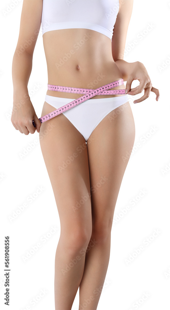 Female body, slim young woman in underwear measures the waistline with a tape measure, isolated on a transparent background, concept of body care, healthy diet and cellulite treatment.