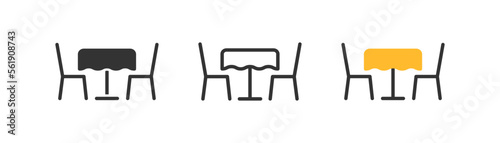 Restaurant table with chairs icon. Dining furniture, dinner, lunch concept. Garden, outdoor cafe. Place for eating sign. Outline, flat, and colored style.