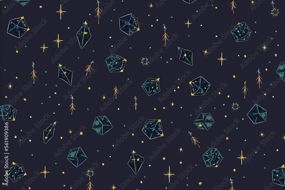 Fototapeta premium A trendy designer pattern of sprakly dark crystals on a black background. A popular 2D design choice for wallpaper and print. generative ai